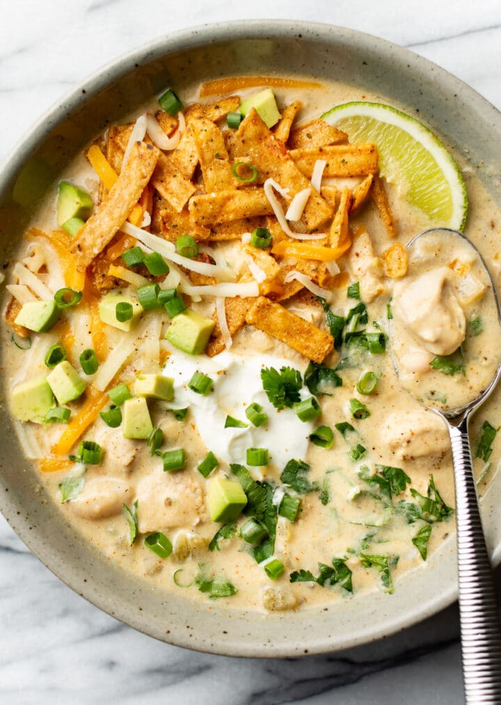 a bowl of creamy white chicken chili