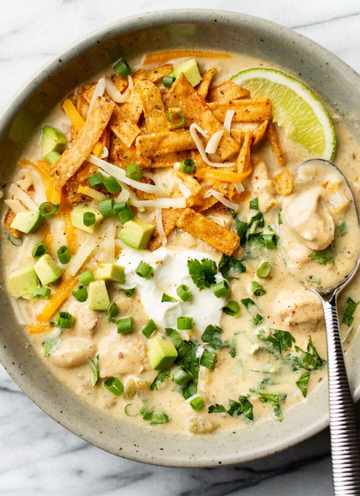 a bowl of creamy white chicken chili