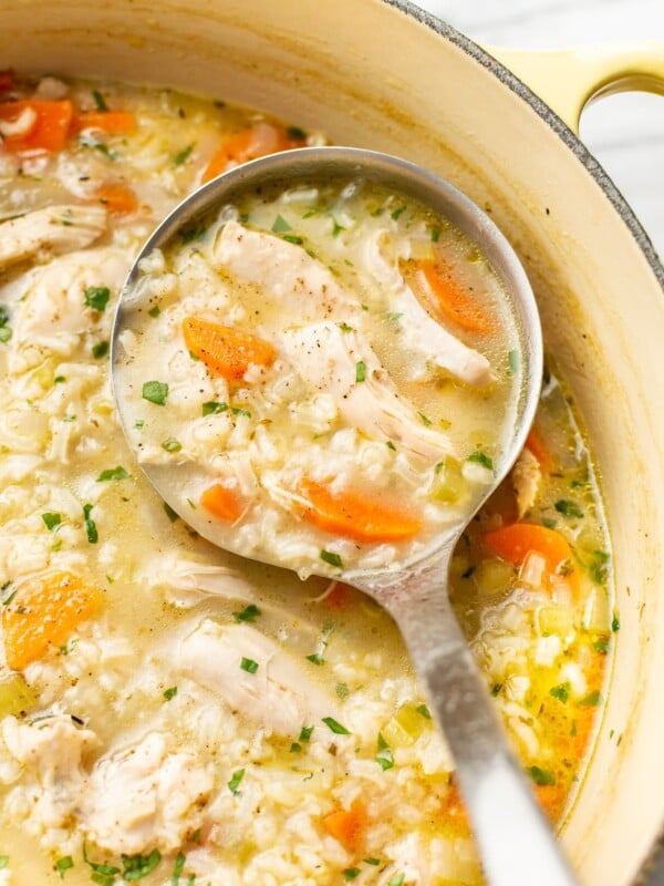 a ladle with chicken and rice soup