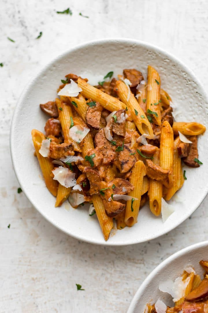 white bowl with easy chorizo pasta