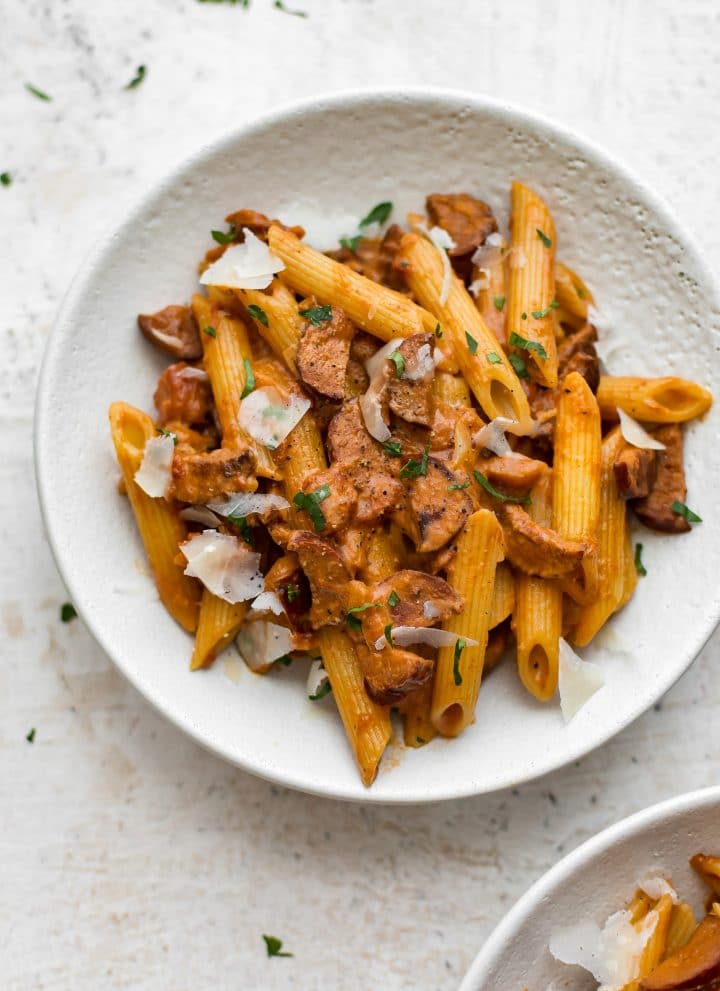 This easy chorizo pasta recipe is fast and has a short ingredients list! Perfect for a weeknight dinner.