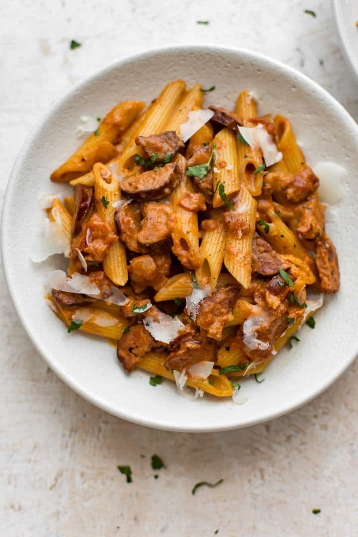 close-up of spicy chorizo pasta with a tomato and cream sauce