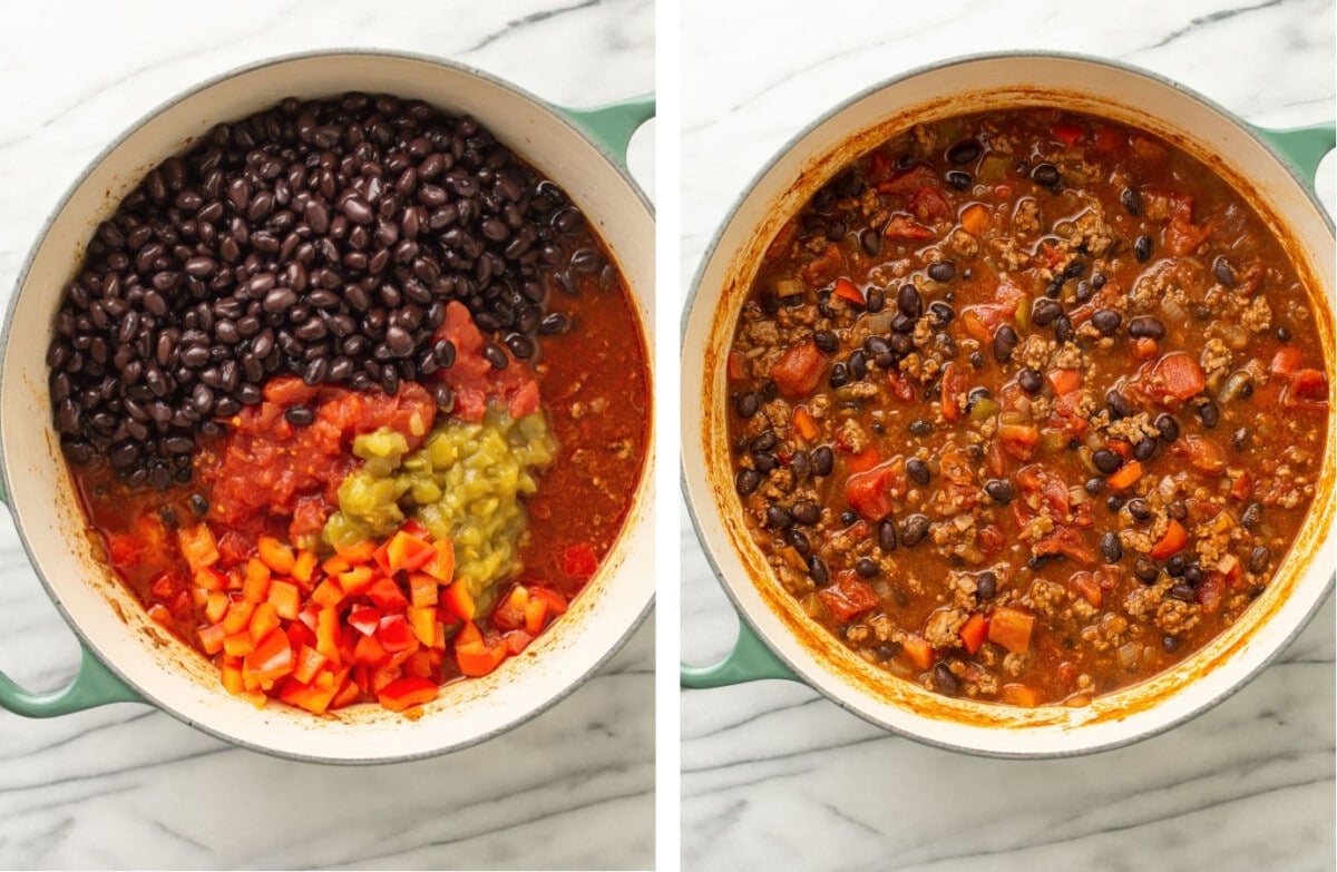 a pot of black bean chili before and after cooking