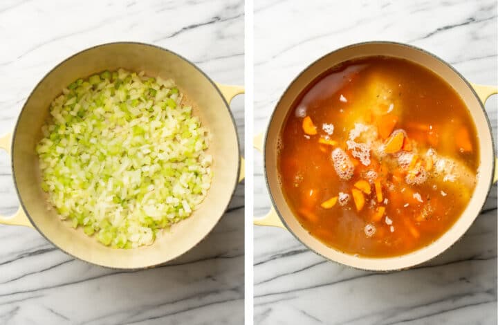 sauteing onion and adding broth and veggies and chicken to a soup pot