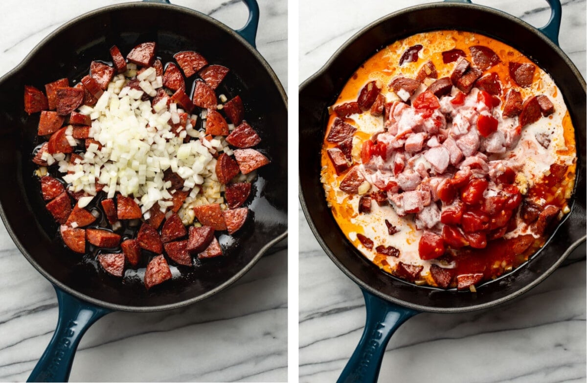sauteing chorizo and onions in a skillet and making creamy tomato sauce