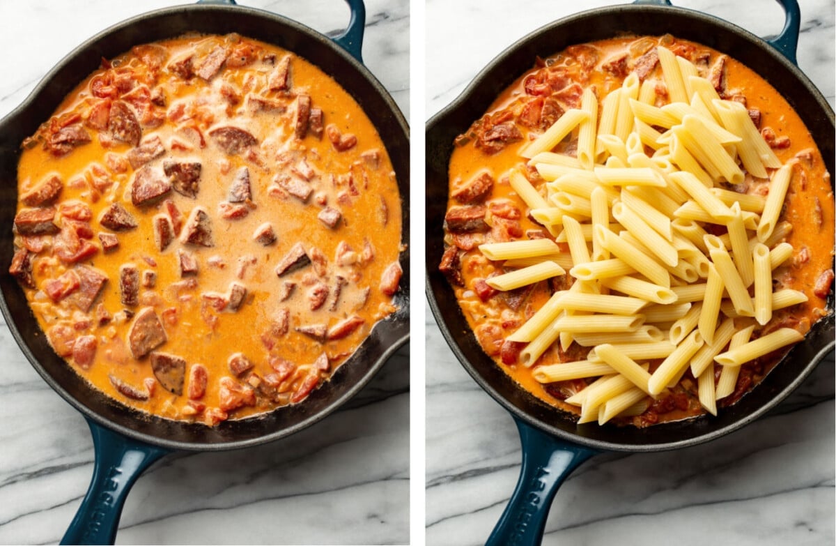 simmering chorizo pasta sauce in a skillet and tossing with penne