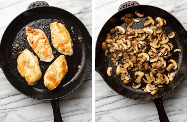 sauteing chicken and mushrooms in a cast iron skillet