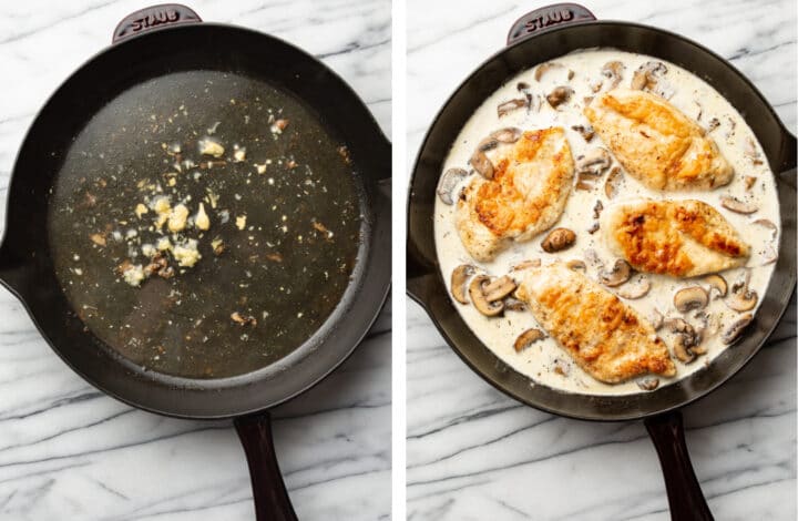 making sauce in a skillet for creamy mushroom chicken