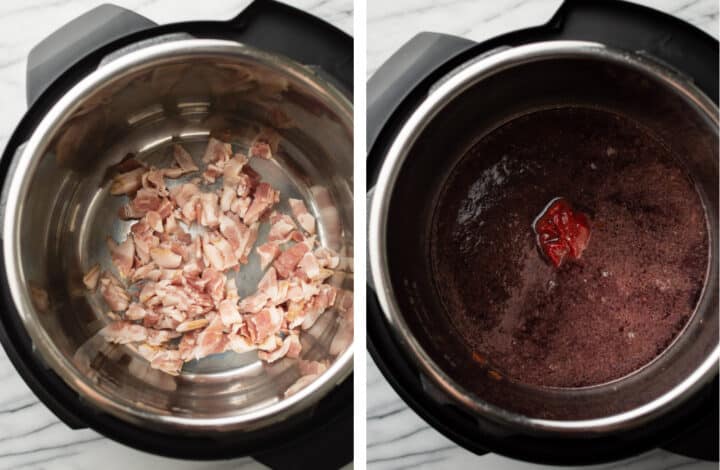 sauteing bacon and making sauce for coq au vin in an instant pot