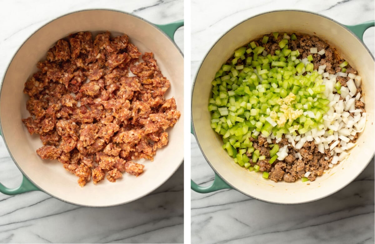 sauteing italian sausage in a pot and adding in onions, garlic, and celery