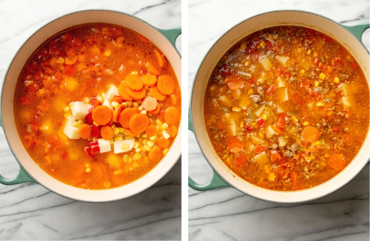 a pot of sausage and vegetable soup before and after cooking