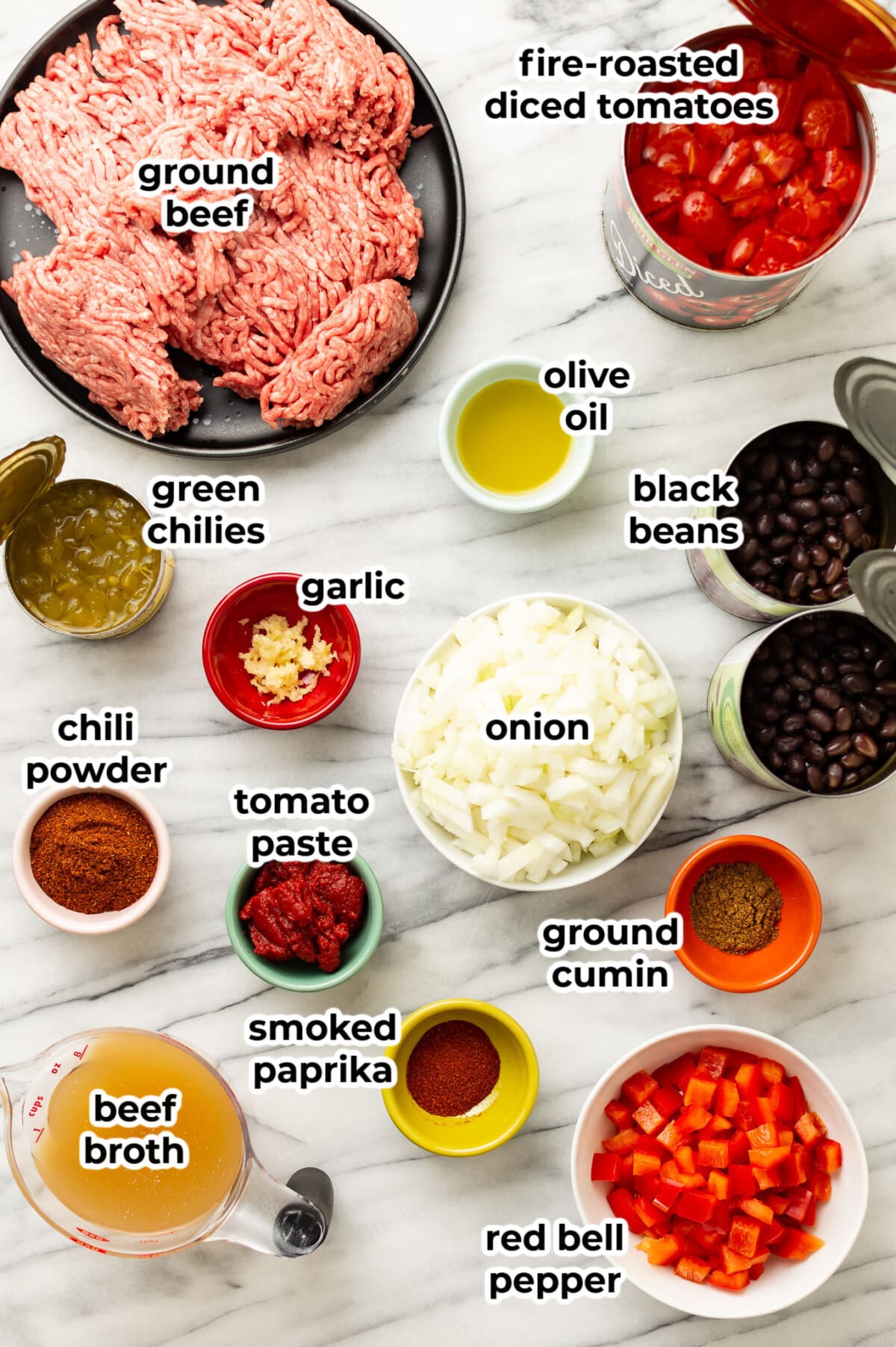 ingredients for black bean chili in prep bowls