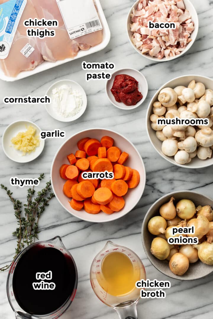 ingredients for instant pot coq au vin in prep bowls