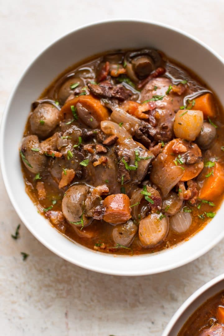 close-up of easy Instant Pot Coq au Vin in a white bowl