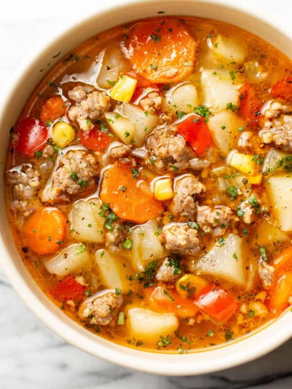 a bowl of sausage and vegetable soup