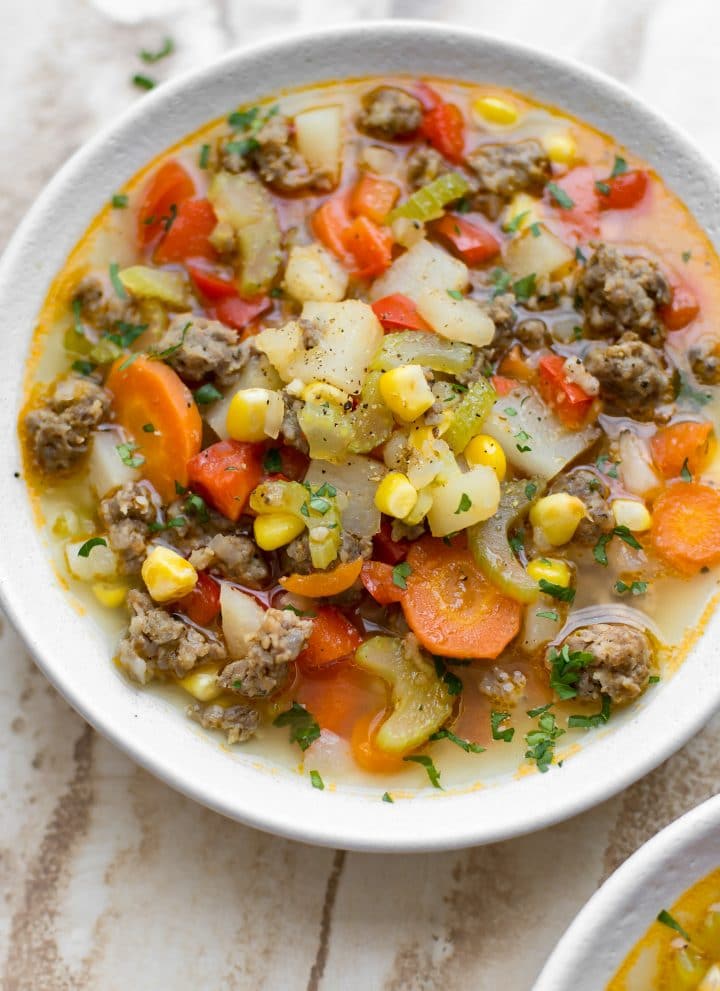 This easy sausage and vegetable soup is total comfort food! The whole family will love this delicious meal.