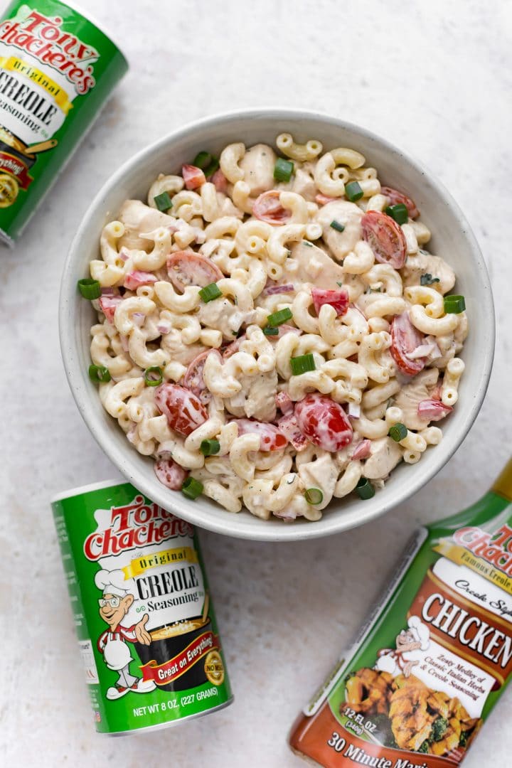 bowl of Cajun macaroni salad made with Tony Chachere's creole seasoning