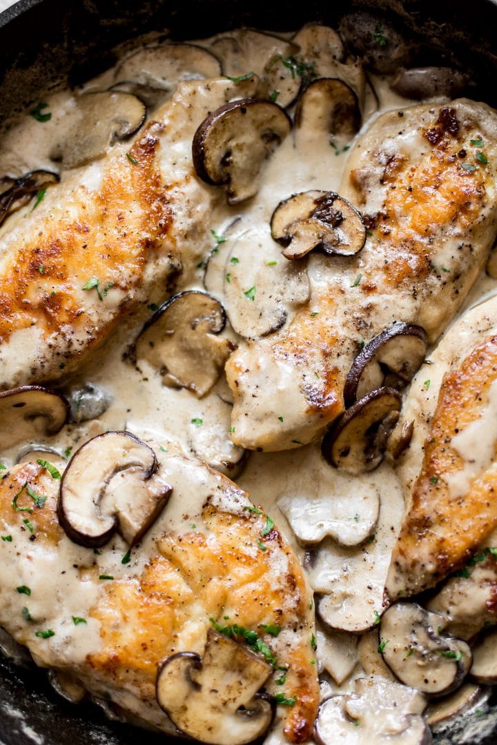 close-up of chicken in a creamy garlic mushroom sauce
