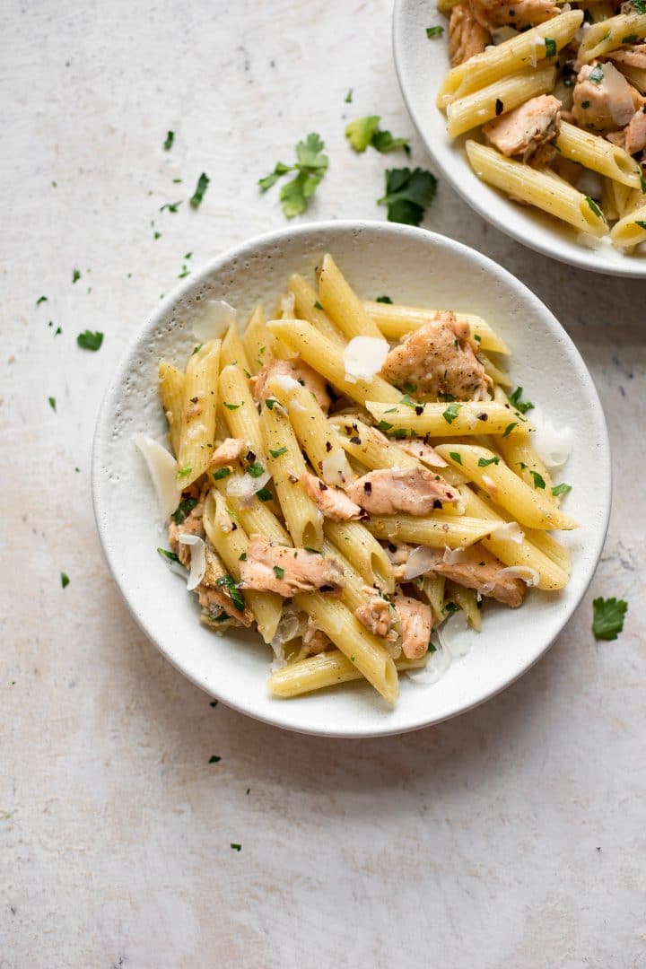 Garlic butter salmon penne bowls