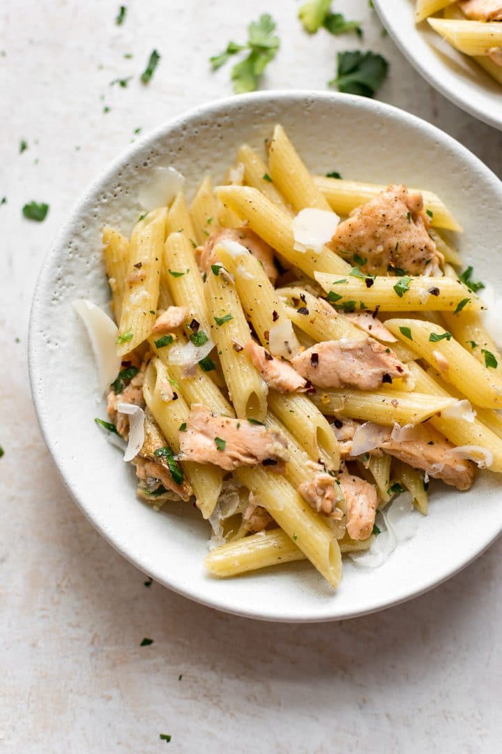 Easy salmon pasta in a bowl