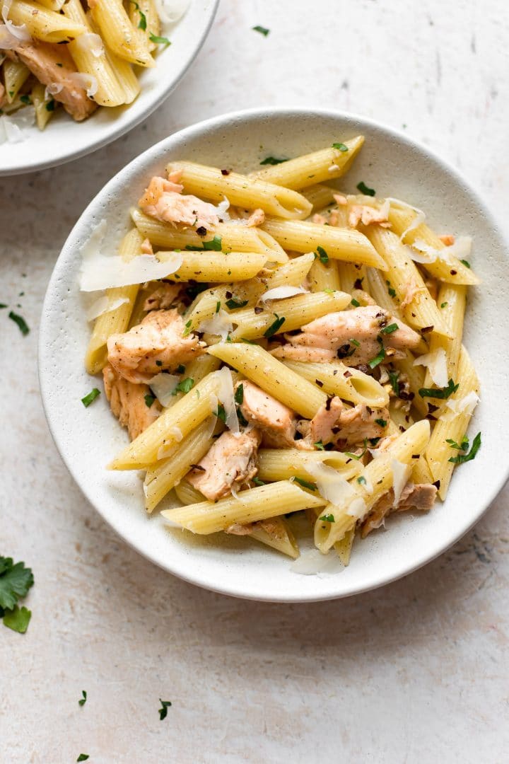 Salmon and pasta in a bowl