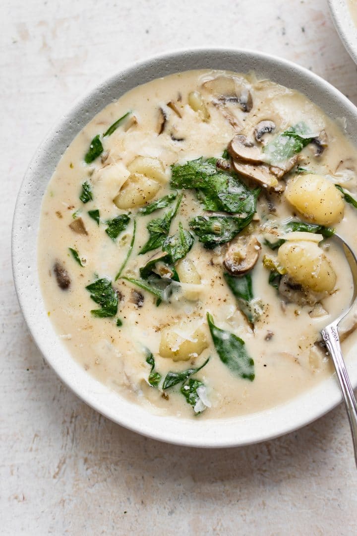 white bowl with creamy gnocchi soup and a spoon