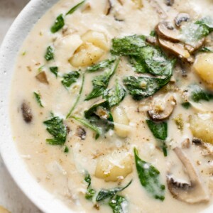 This creamy gnocchi soup with spinach, mushrooms, garlic, and a creamy broth is irresistible! Vegetarian comfort food at its finest.