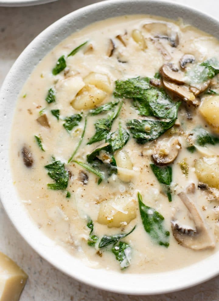 This creamy gnocchi soup with spinach, mushrooms, garlic, and a creamy broth is irresistible! Vegetarian comfort food at its finest.