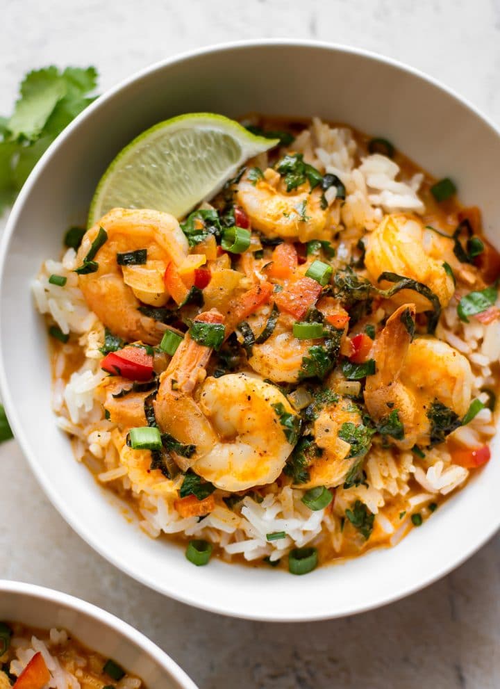 This Thai coconut shrimp curry recipe is healthy and delicious. Perfect over rice. An easy recipe for busy families! 