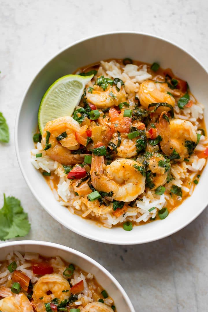 bowl of easy Thai shrimp curry with coconut broth