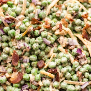 Close-up of creamy bacon pea salad