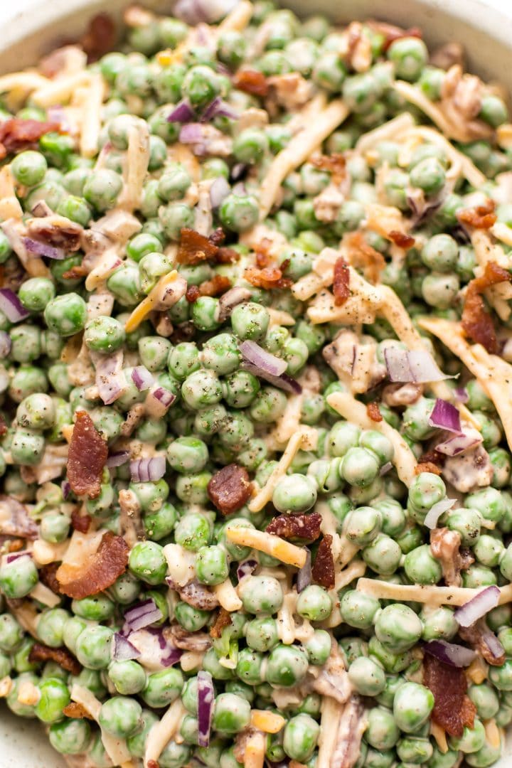 Close-up of creamy bacon pea salad