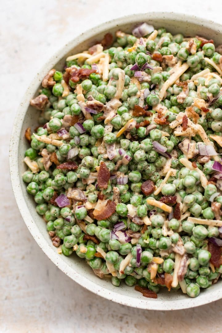 Bacon pea salad in a bowl