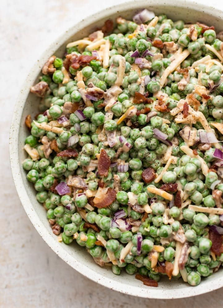 Bacon pea salad in a bowl