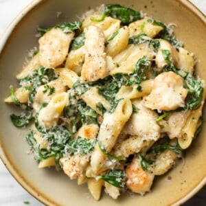 a bowl of creamy chicken spinach pasta