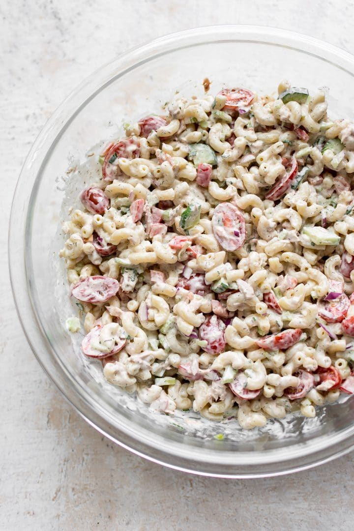 creamy tuna pasta salad in a prep bowl