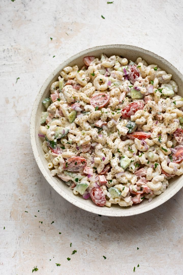 the best tuna pasta salad in a bowl