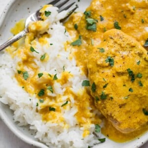 Close-up of pork chops and rice on a plate