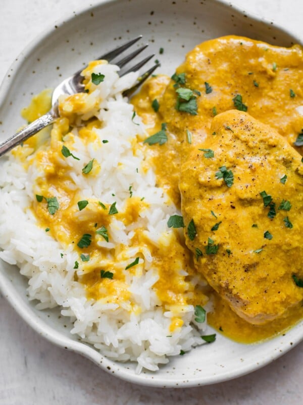 Close-up of pork chops and rice on a plate