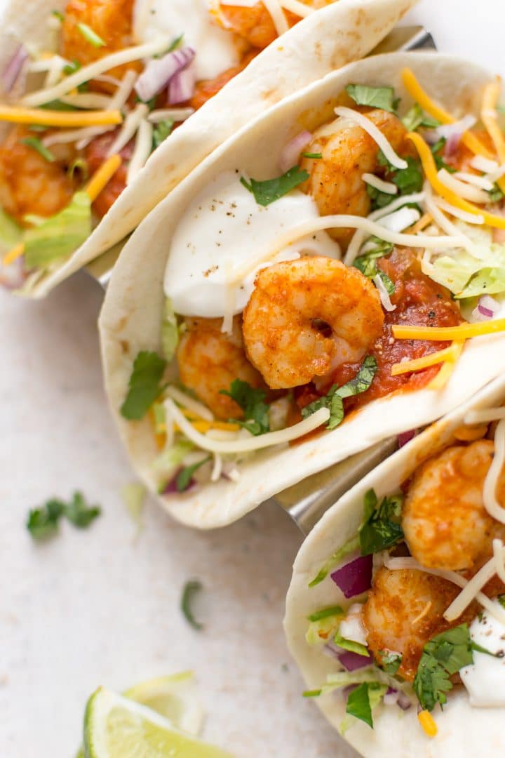 overhead photo of 3 shrimp tacos