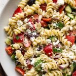 close-up of Greek pasta salad