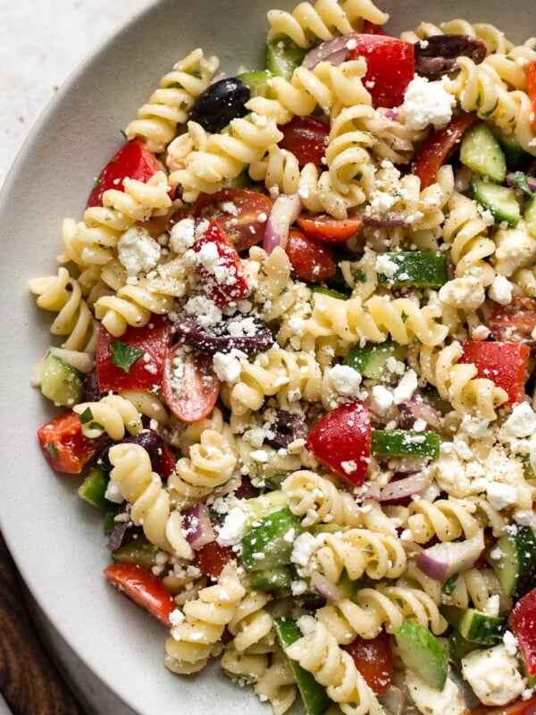 close-up of Greek pasta salad