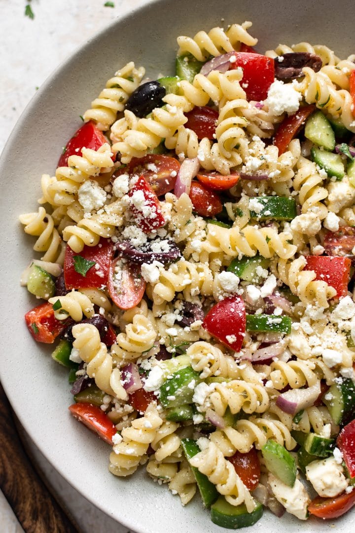 close-up of Greek pasta salad