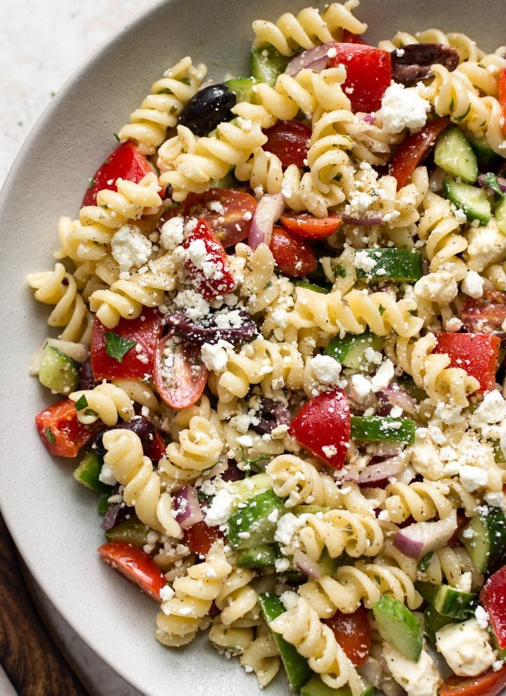 close-up of Greek pasta salad