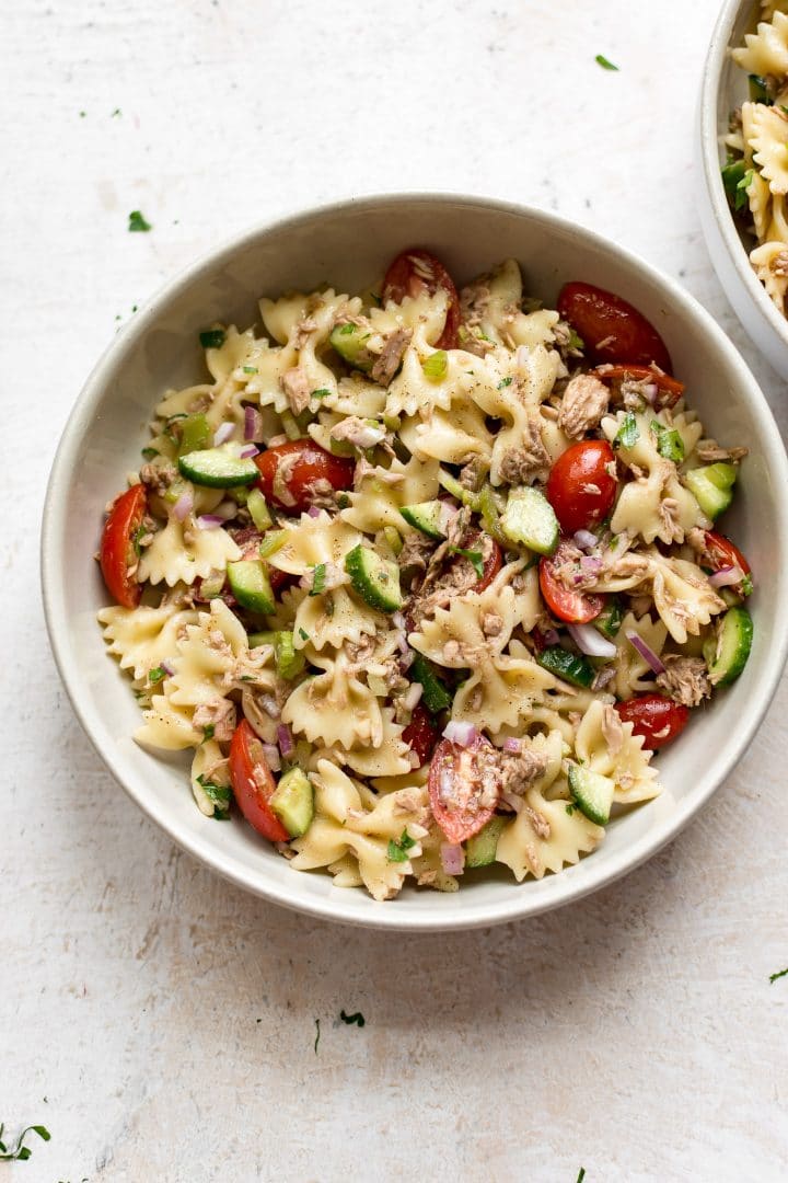 Tuna pasta salad in a bowl