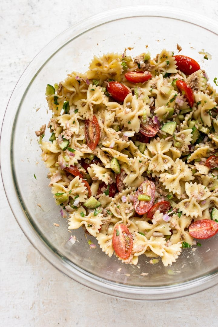 Healthy tuna pasta salad in a glass prep bowl