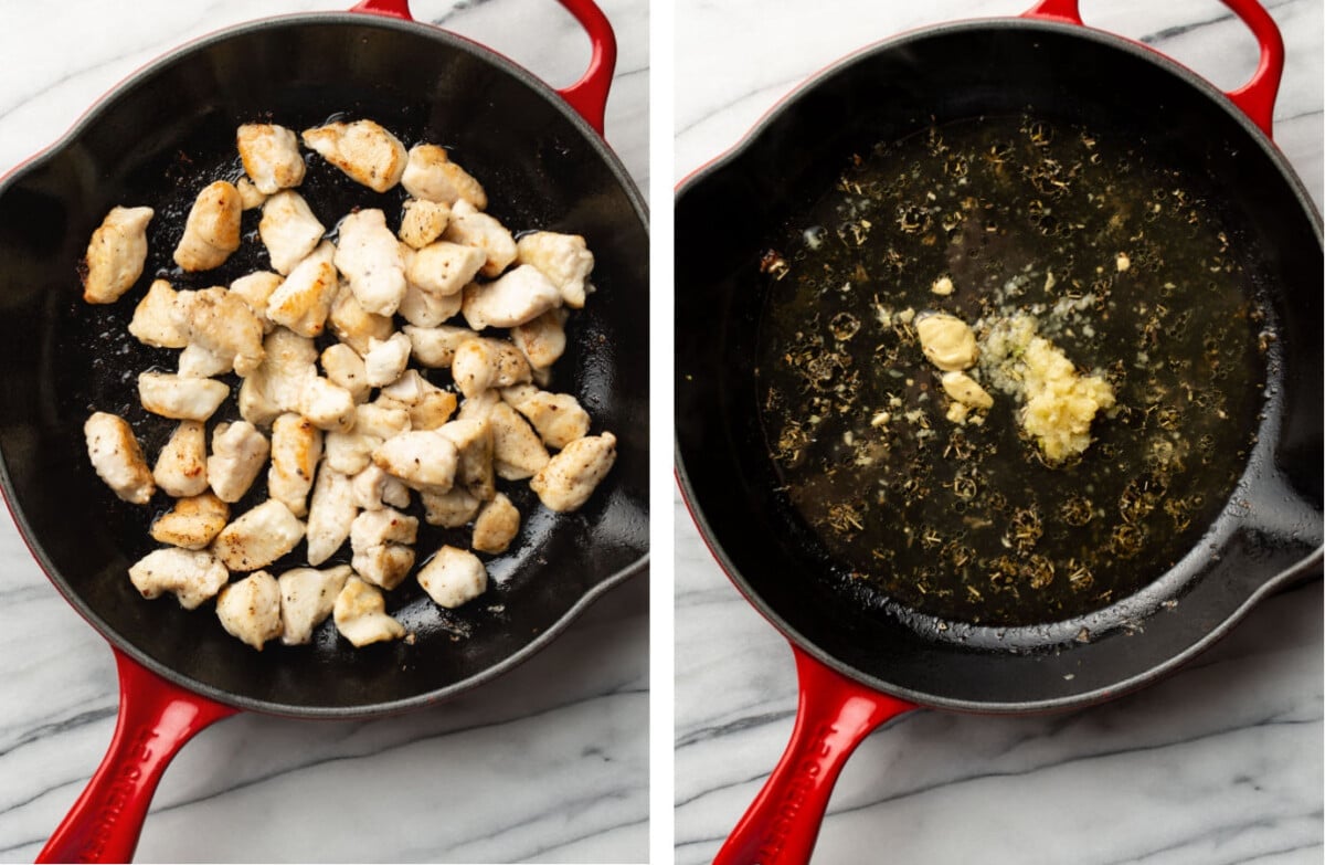 pan frying chicken in a skillet and making sauce for pasta