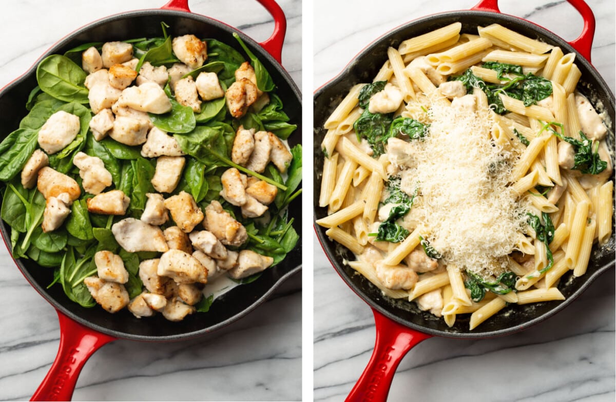 adding in spinach and parmesan to a skillet with creamy chicken spinach pasta