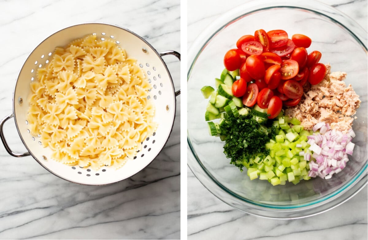 draining pasta in a colander and adding vegetables and tuna to a salad bowl