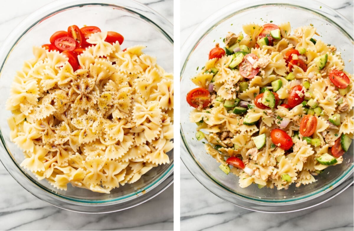 a prep bowl with tuna pasta salad before and after tossing
